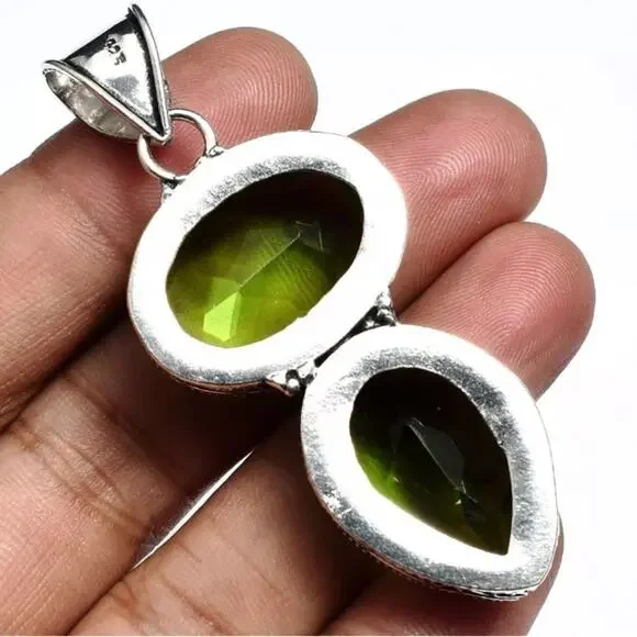 Antique Peridot Pendant Necklace, Sterling Silver, Charm Gemstone, Stateme… - Picture 2 of 2